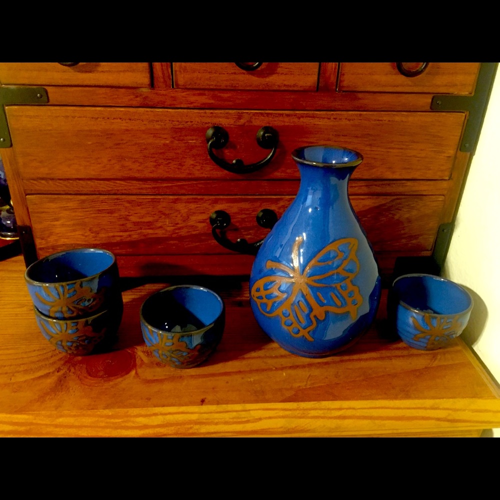 Japanese Sake Set 5 Pieces Blue Butterfly